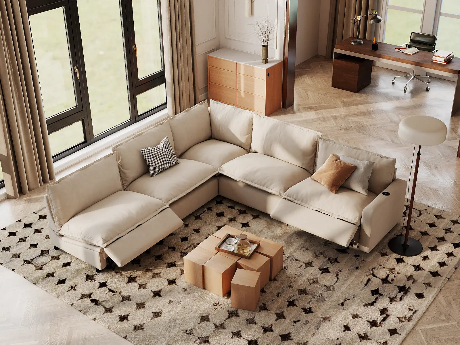 Modular Cero Recliner Sectional | 5-Piece Beige Linen Large Space V-Shaped Sectionals 5-Seater