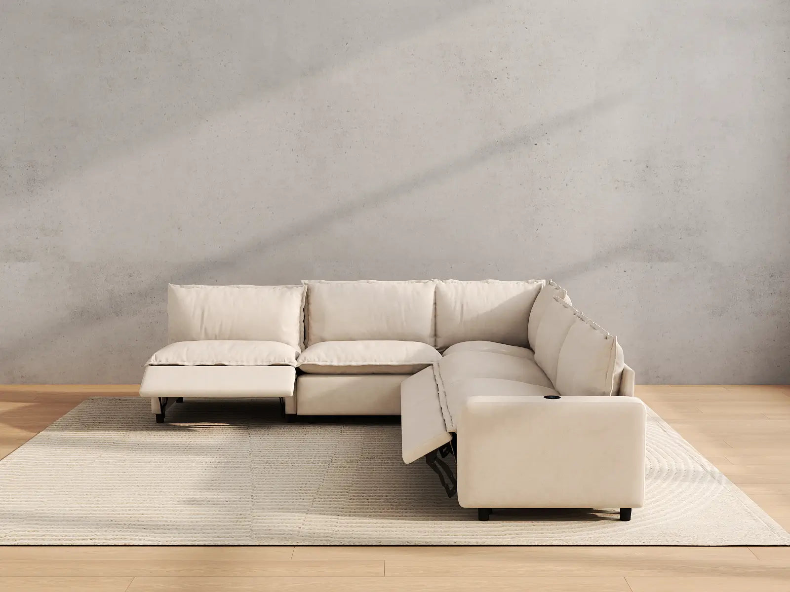 Modular Cero Sectional Sofa with Recliner | 5-Piece Beige Linen Large Space V-Shaped Sectionals 5-Seater