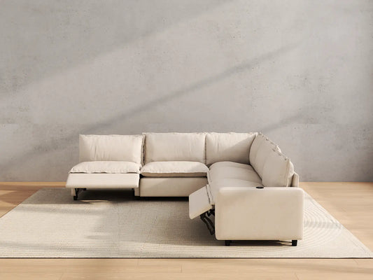 Modular Cero Reclining Sectionals | 5-Piece Beige Linen Large Space V-Shaped Sectionals 5-Seater