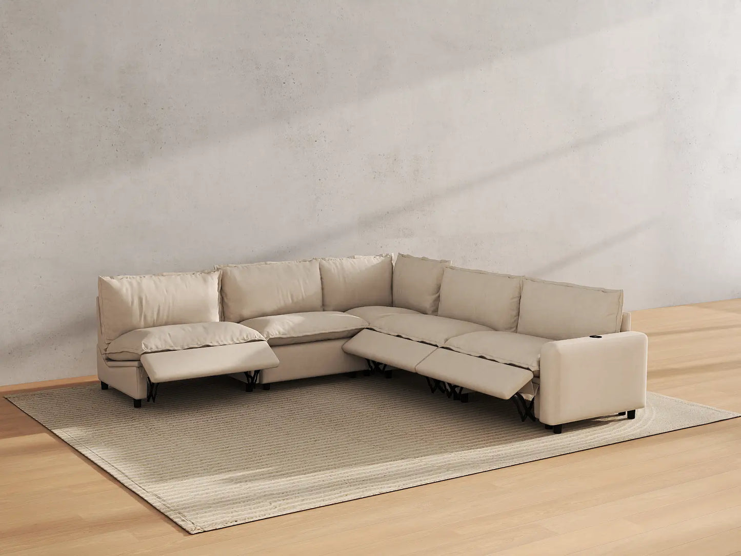 Modular Cero Sectional Sofa with Recliner | 5-Piece Beige Linen Large Space V-Shaped Sectionals 5-Seater