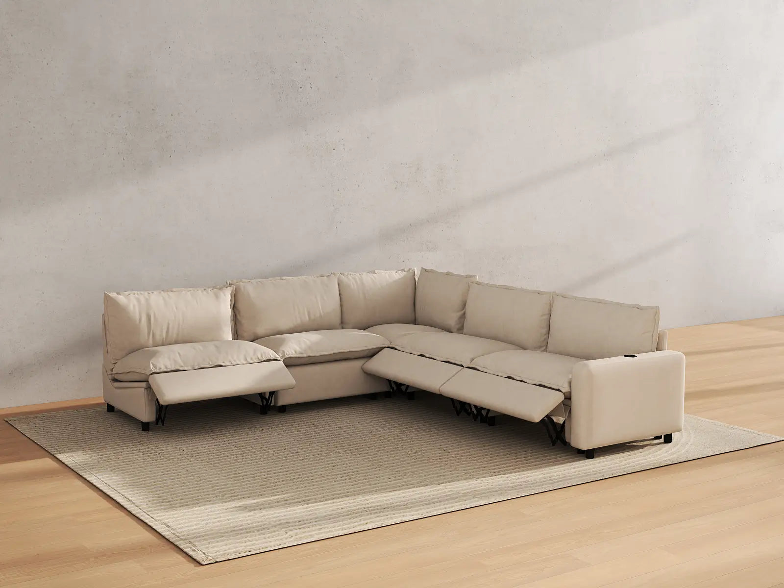 Modular Cero Sectional Sofa with Recliner | 5-Piece Beige Linen Large Space V-Shaped Sectionals 5-Seater