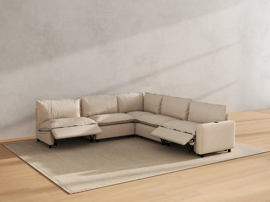 Modular Cero Reclining Sectionals | 5-Piece Beige Linen Large Space V-Shaped Sectionals 5-Seater