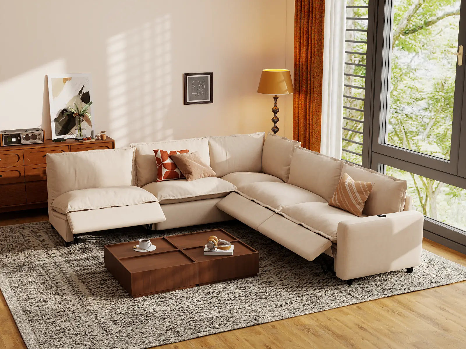 Modular Cero Sectional Sofa with Recliner | 5-Piece Beige Linen Large Space V-Shaped Sectionals 5-Seater