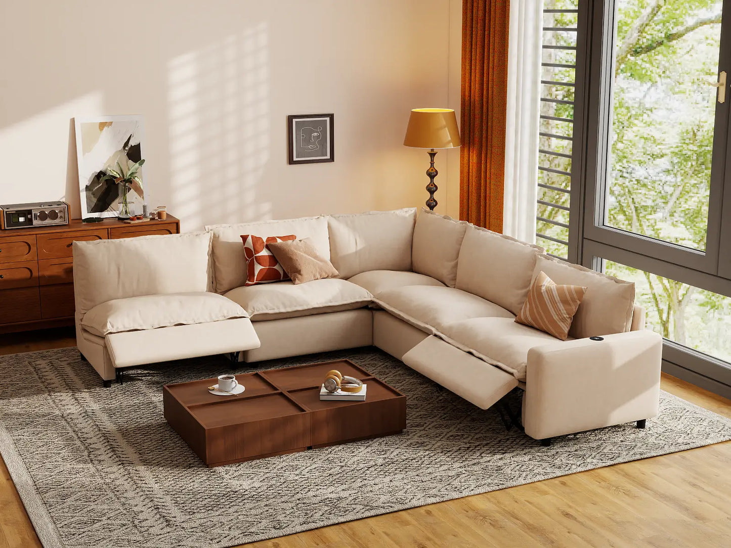 Modular Cero Recliner Sectional | 5-Piece Beige Linen Large Space V-Shaped Sectionals 5-Seater