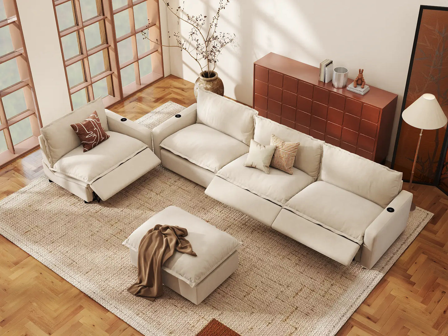 Modular Cero Reclining Sectionals | 5-Piece Beige Linen Open Plan Sofa Sets 4-Seater with 1-Ottoman