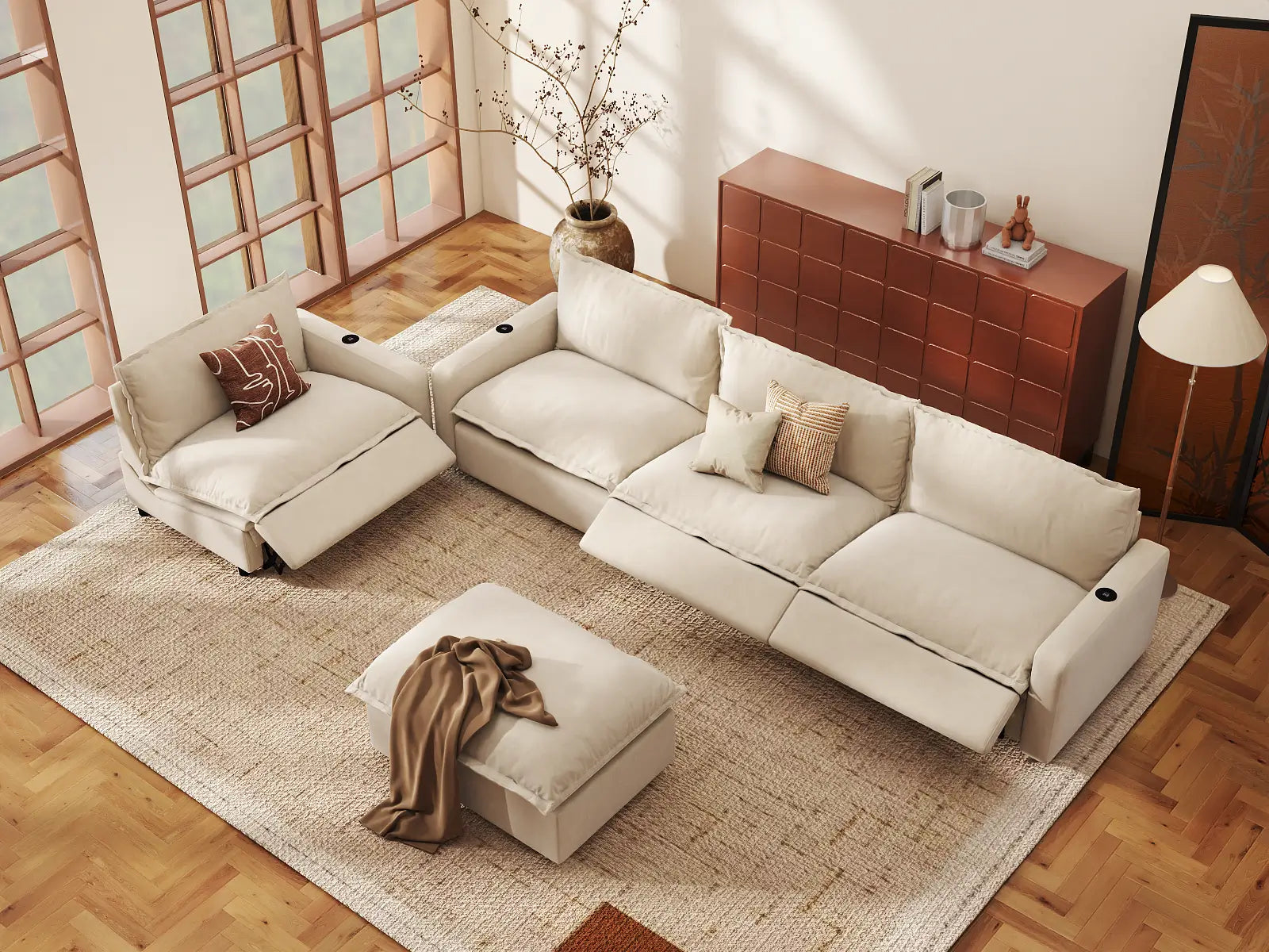 Modular Cero Sofa Set with Recliner | 5-Piece Beige Linen Open Plan Sofa Sets 4-Seater with 1-Ottoman