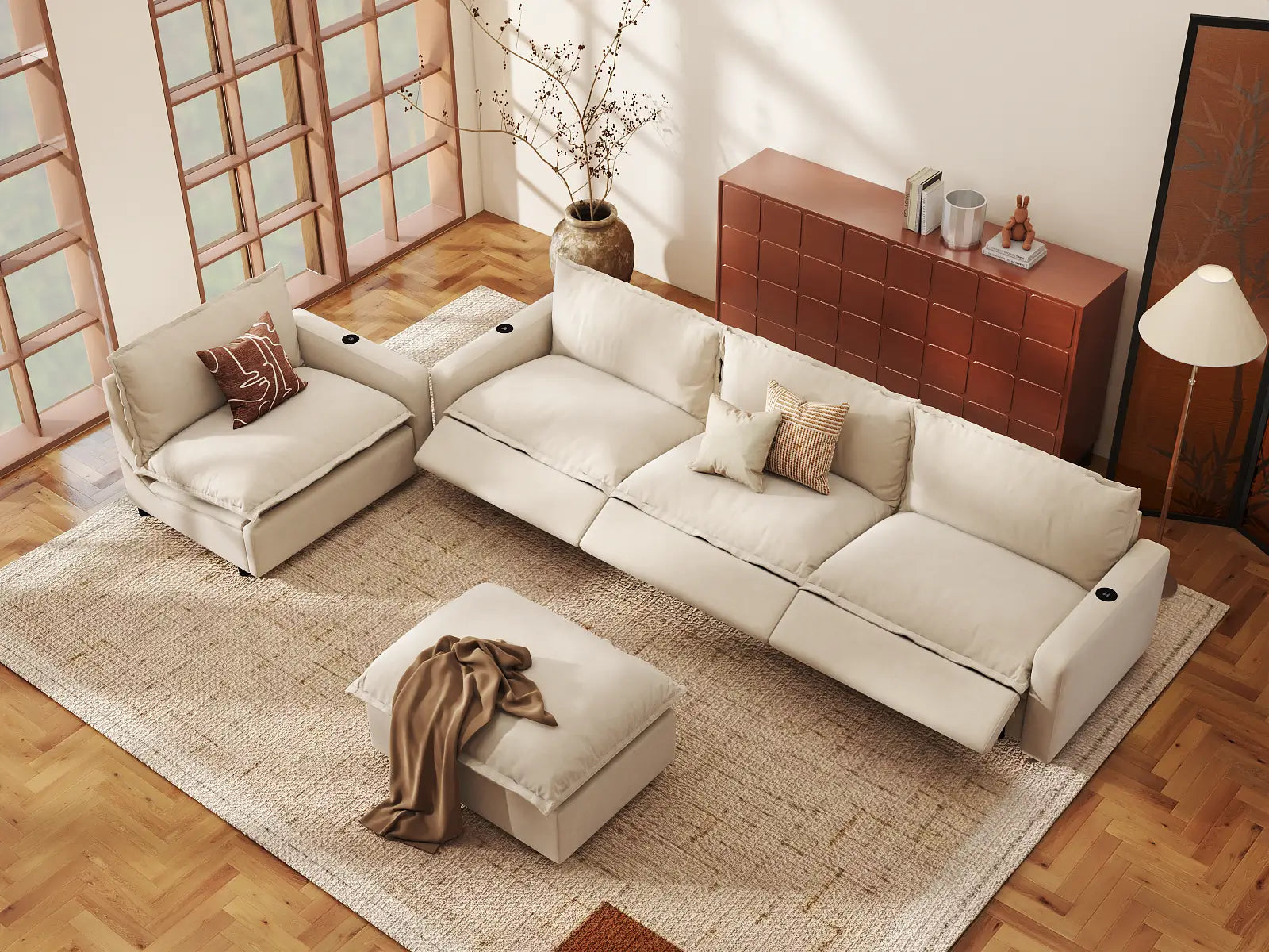 Modular Cero Sofa Set with Recliner | 5-Piece Beige Linen Open Plan Sofa Sets 4-Seater with 1-Ottoman