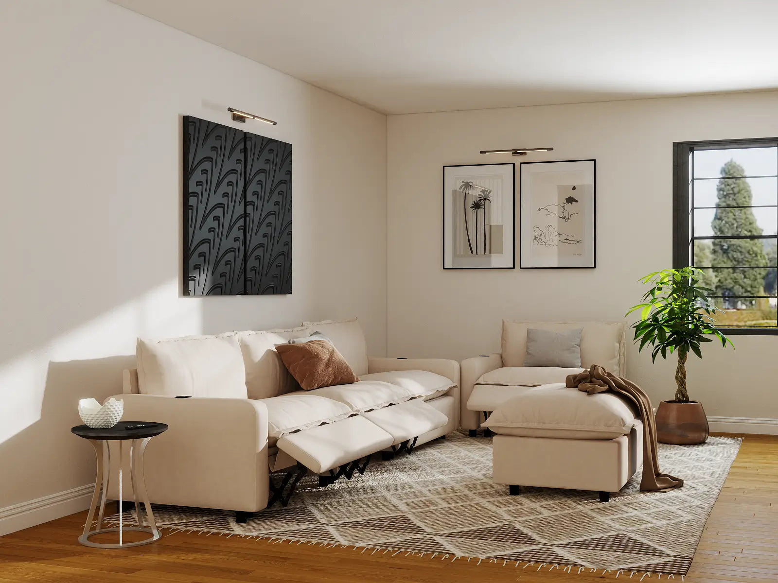 Modular Cero Sofa Set with Recliner | 5-Piece Beige Linen Open Plan Sofa Sets 4-Seater with 1-Ottoman