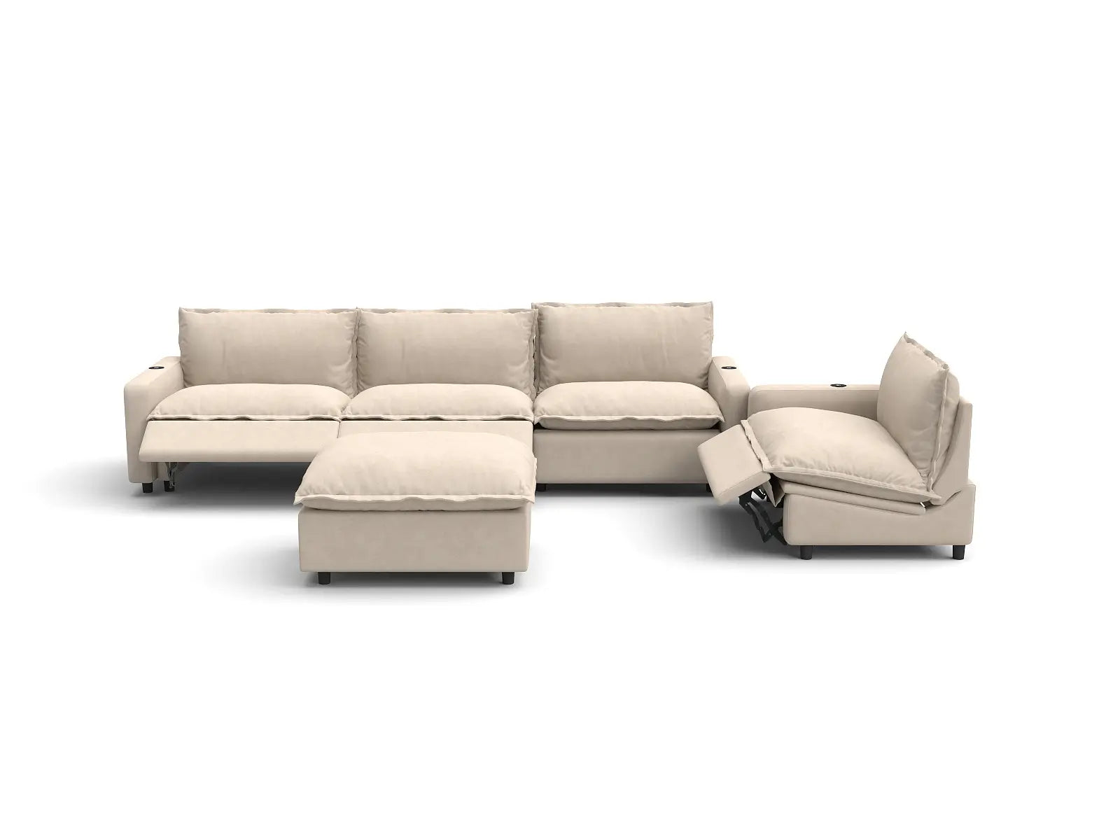 Modular Cero Sofa Set with Recliner | 5-Piece Beige Linen Open Plan Sofa Sets 4-Seater with 1-Ottoman