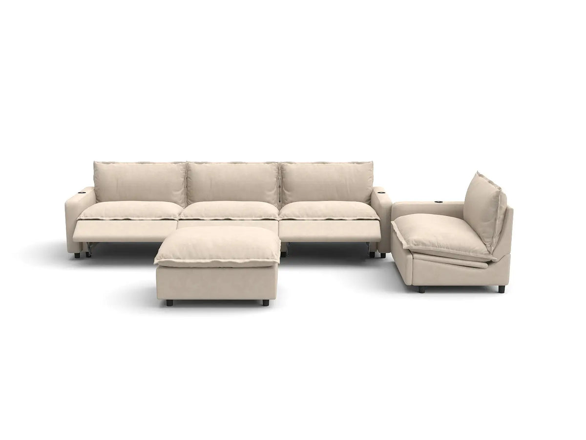 Modular Cero Reclining Sectionals | 5-Piece Beige Linen Open Plan Sofa Sets 4-Seater with 1-Ottoman
