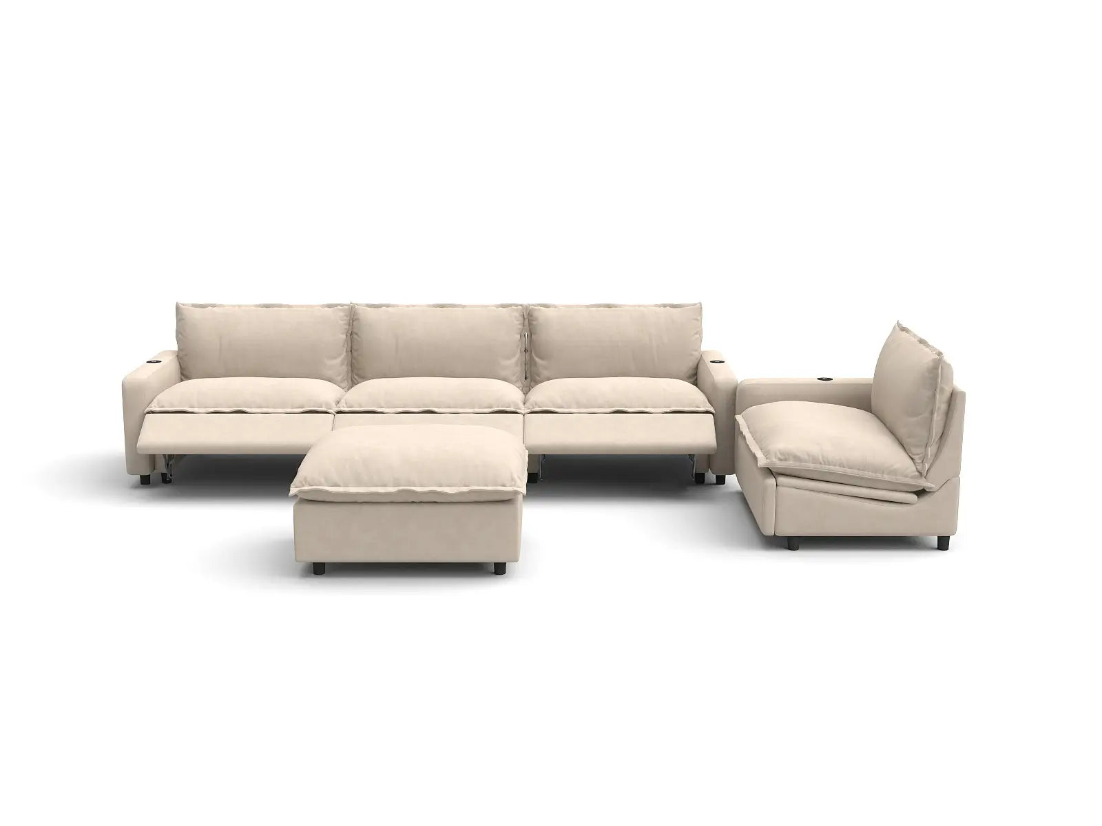 Modular Cero Sofa Set with Recliner | 5-Piece Beige Linen Open Plan Sofa Sets 4-Seater with 1-Ottoman