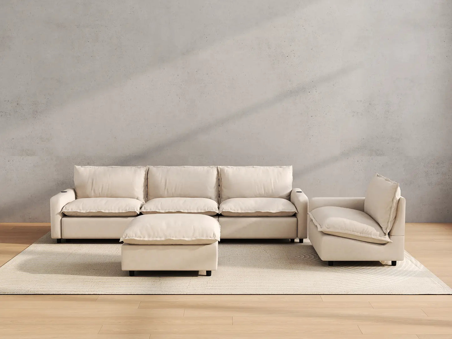 Modular Cero Reclining Sectionals | 5-Piece Beige Linen Open Plan Sofa Sets 4-Seater with 1-Ottoman