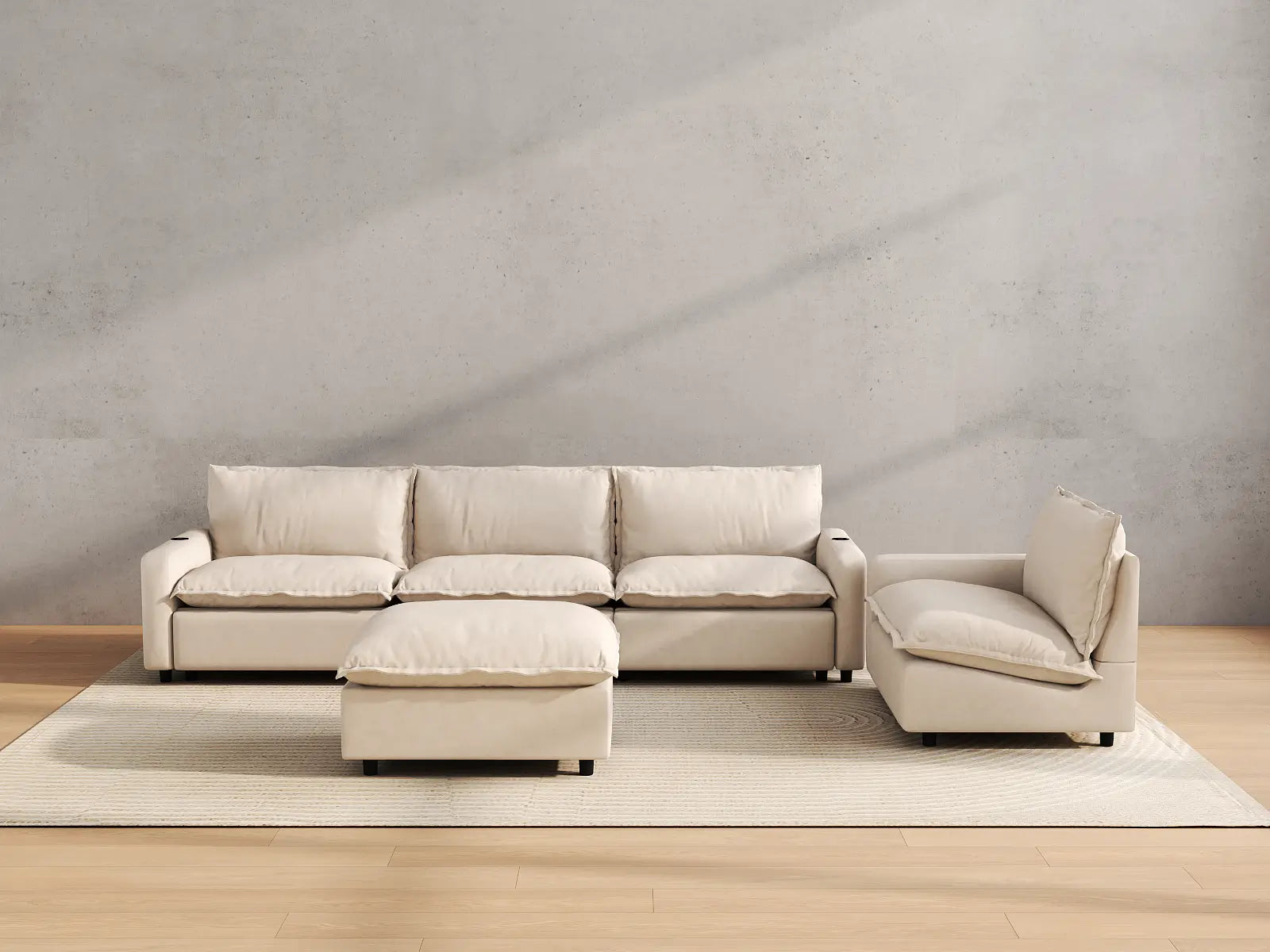 Modular Cero Power Reclining Sofa Set | 5-Piece Beige Linen Open Plan Sofa Sets 4-Seater with 1-Ottoman