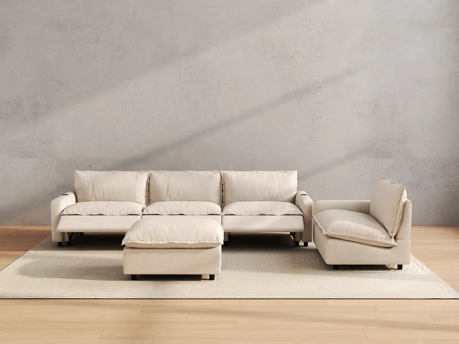 Modular Cero Power Reclining Sofa Set | 5-Piece Beige Linen Open Plan Sofa Sets 4-Seater with 1-Ottoman