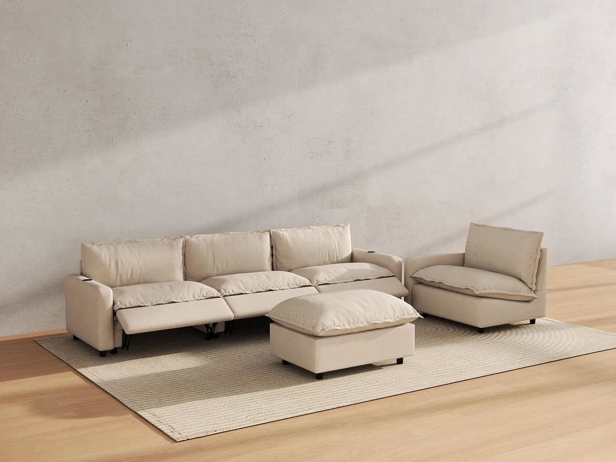 Modular Cero Reclining Sectionals | 5-Piece Beige Linen Open Plan Sofa Sets 4-Seater with 1-Ottoman