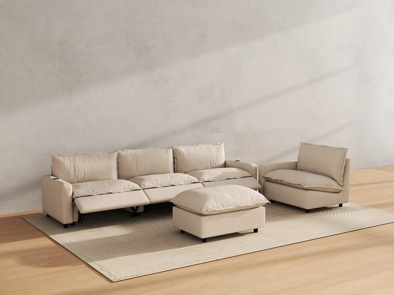 Modular Cero Power Reclining Sofa Set | 5-Piece Beige Linen Open Plan Sofa Sets 4-Seater with 1-Ottoman