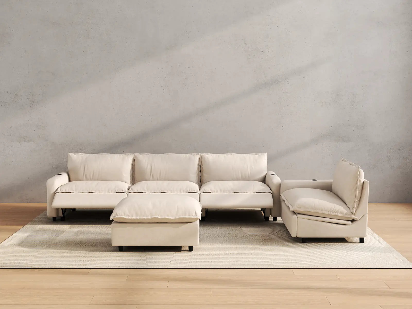 Modular Cero Sofa Set with Recliner | 5-Piece Beige Linen Open Plan Sofa Sets 4-Seater with 1-Ottoman
