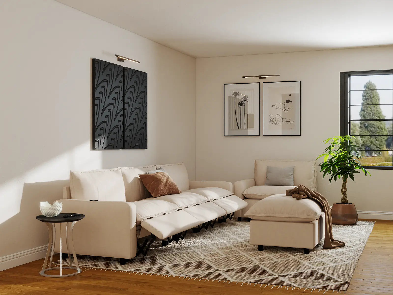 Modular Cero Power Reclining Sofa Set | 5-Piece Beige Linen Open Plan Sofa Sets 4-Seater with 1-Ottoman