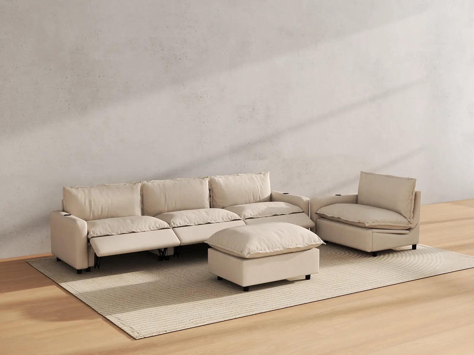 Modular Cero Sofa Set with Recliner | 5-Piece Beige Linen Open Plan Sofa Sets 4-Seater with 1-Ottoman