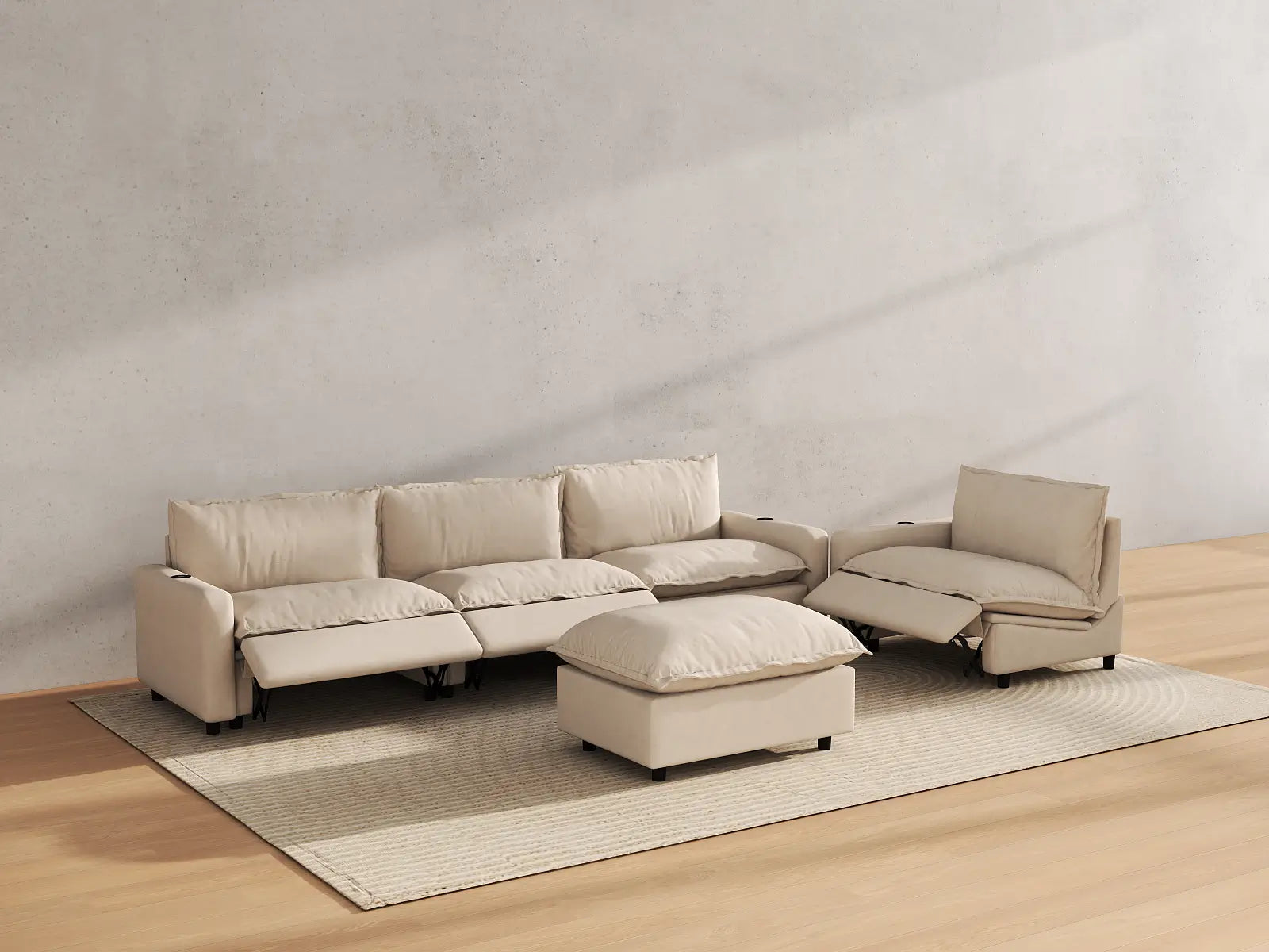 Modular Cero Sofa Set with Recliner | 5-Piece Beige Linen Open Plan Sofa Sets 4-Seater with 1-Ottoman