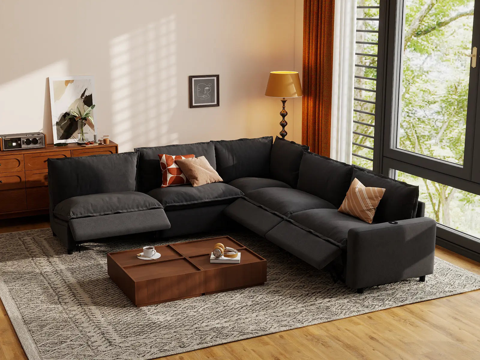 Modular Cero Sectional Recliner | 5-Piece Grey Linen Grand Estate V-Shaped Sectionals 5-Seater