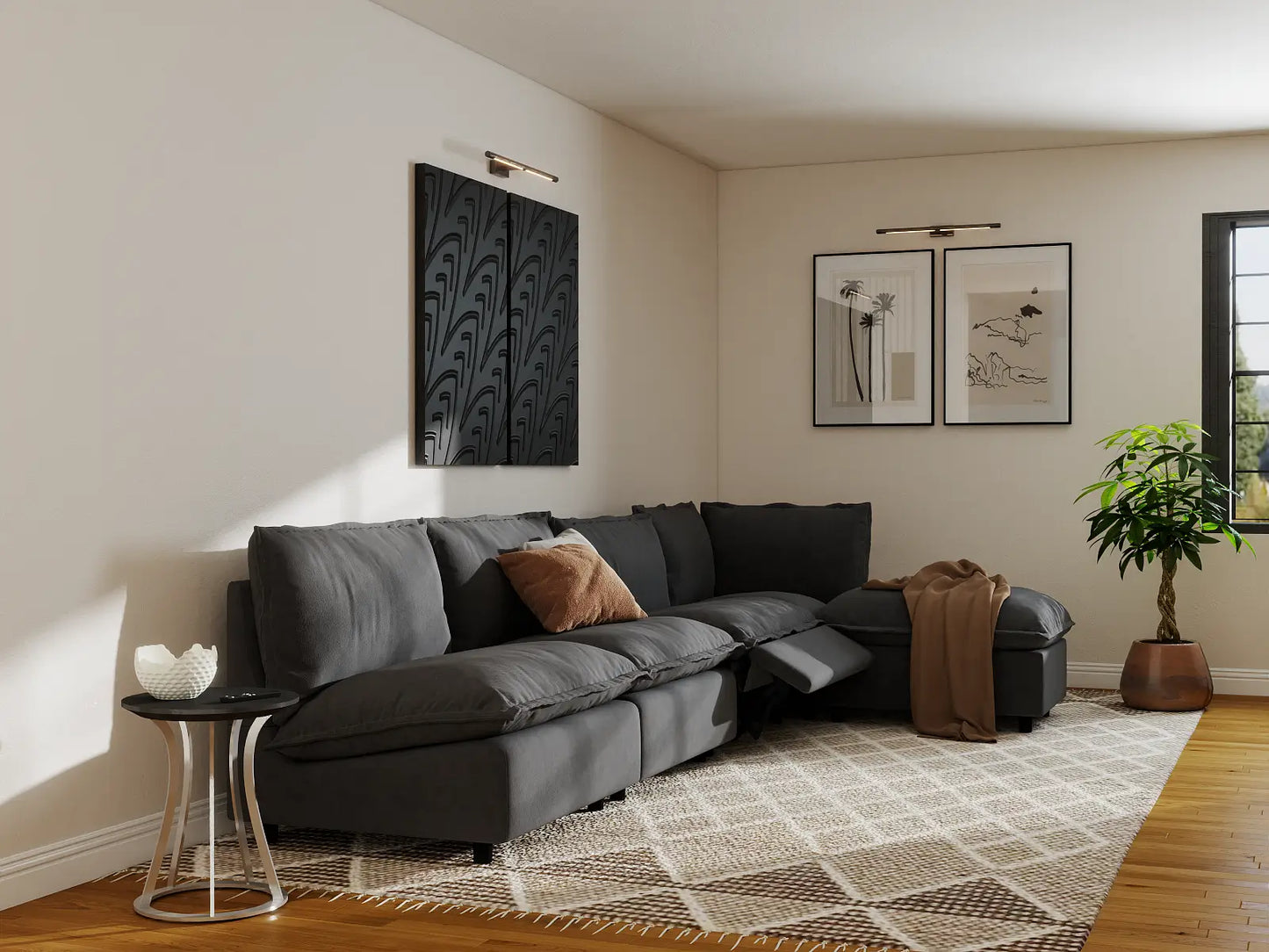 Modular Cero Reclining Sectionals | 5-Piece Grey Linen Home Living L-Shaped Sectionals 4-Seater with 1-Ottoman