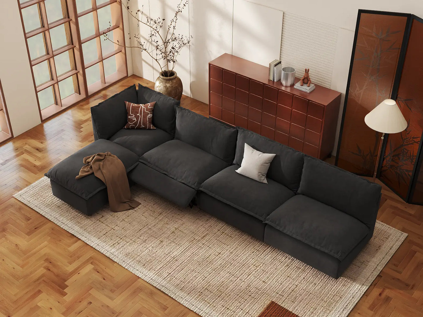 Modular Cero Reclining Sectionals | 5-Piece Grey Linen Home Living L-Shaped Sectionals 4-Seater with 1-Ottoman
