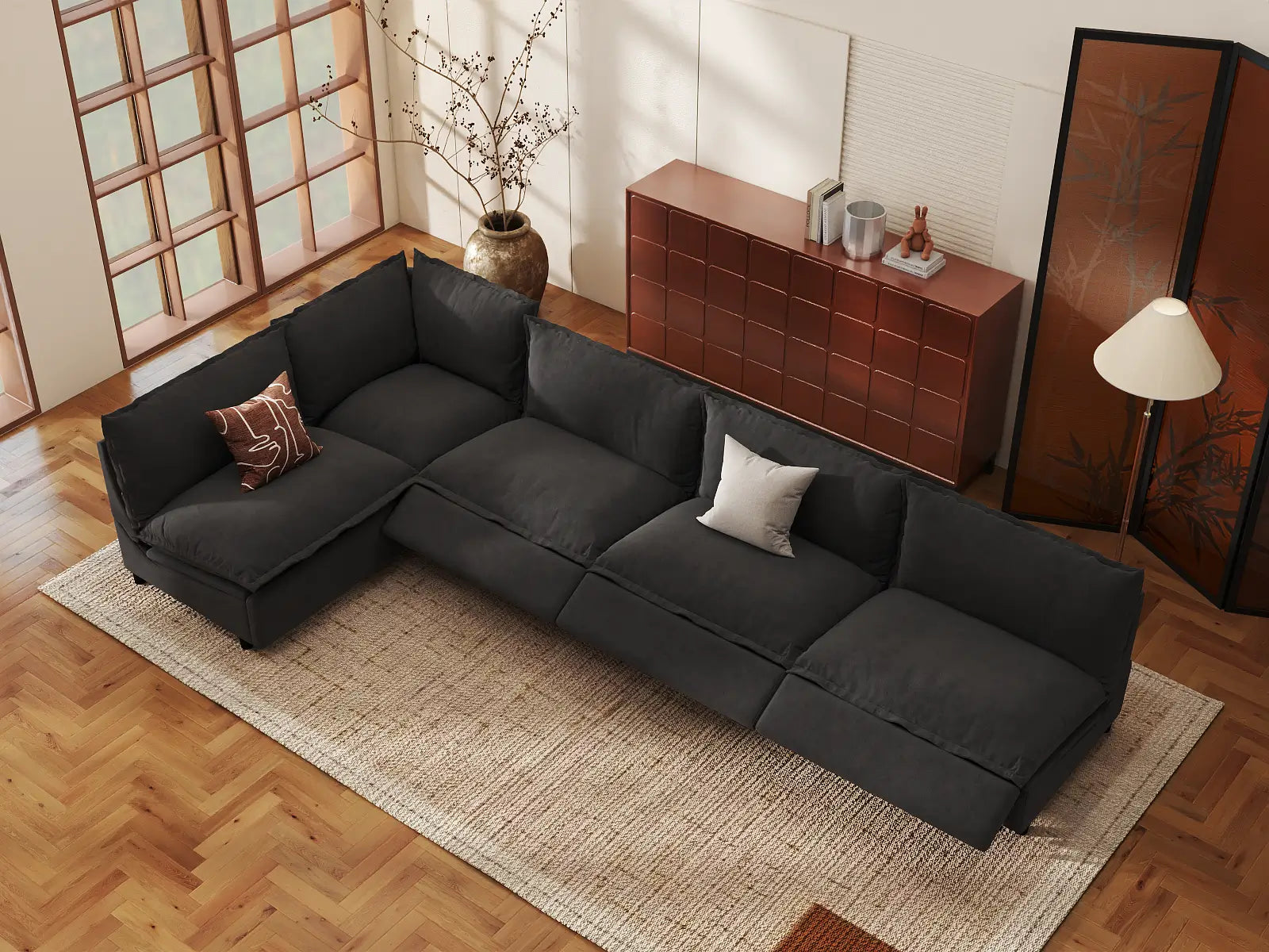 Modular Cero Reclining Sectional Sofa | 5-Piece Grey Linen Home Living L-Shaped Sectionals 5-Seater