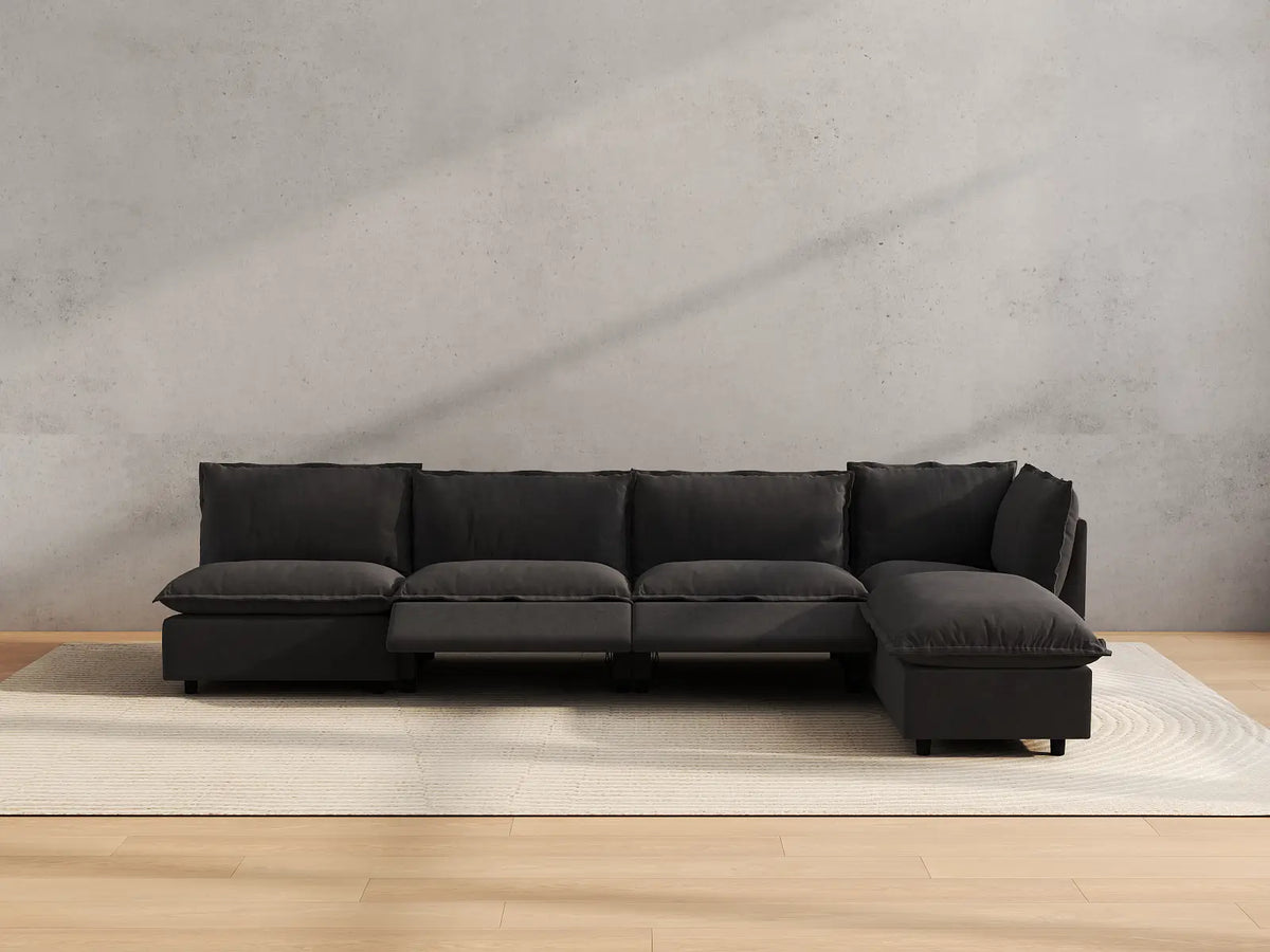 Modular Cero Reclining Sectionals | 5-Piece Grey Linen Large Space L-Shaped Sectionals 4-Seater with 1-Ottoman