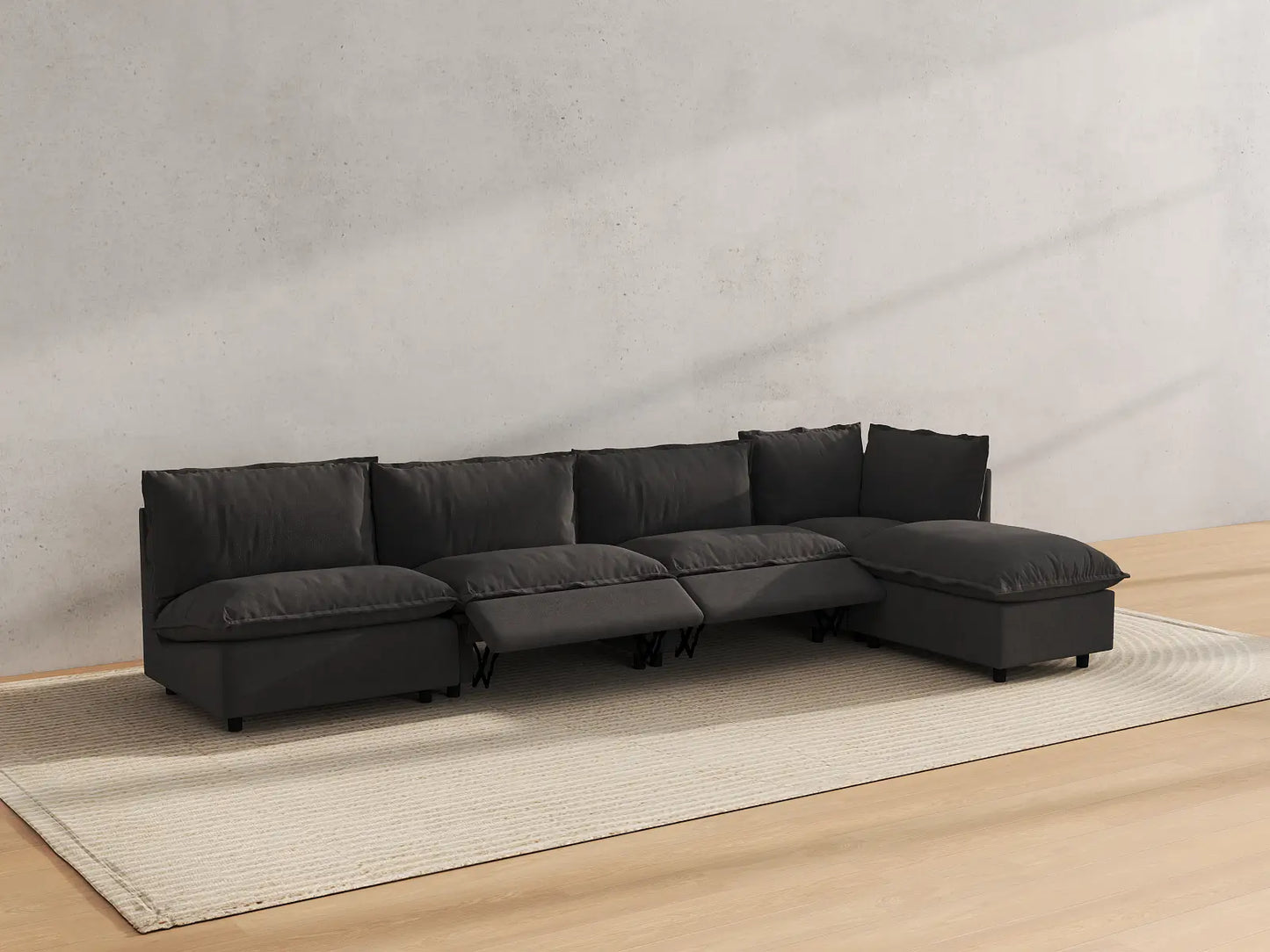 Modular Cero Reclining Sectionals | 5-Piece Grey Linen Large Space L-Shaped Sectionals 4-Seater with 1-Ottoman