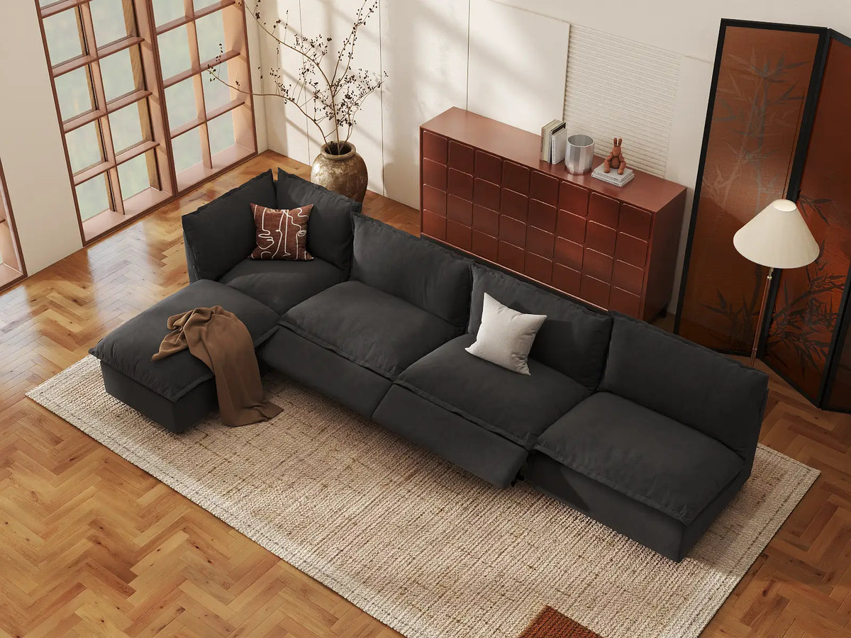 Modular Cero Reclining Sectionals | 5-Piece Grey Linen Large Space L-Shaped Sectionals 4-Seater with 1-Ottoman