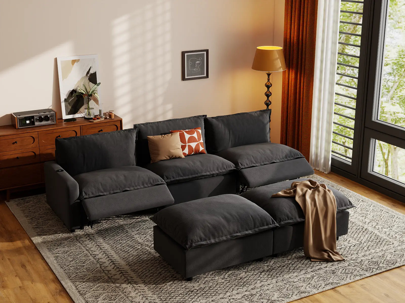 Modular Cero Sofa and Recliner Set | 5-Piece Grey Linen Large Space Sofa Sets 3-Seater with 2-Ottomans