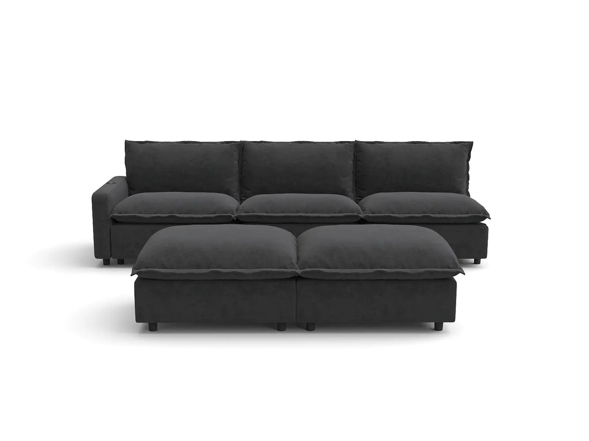 Modular Cero Reclining Sectionals | 5-Piece Grey Linen Large Space Sofa Sets 3-Seater with 2-Ottomans