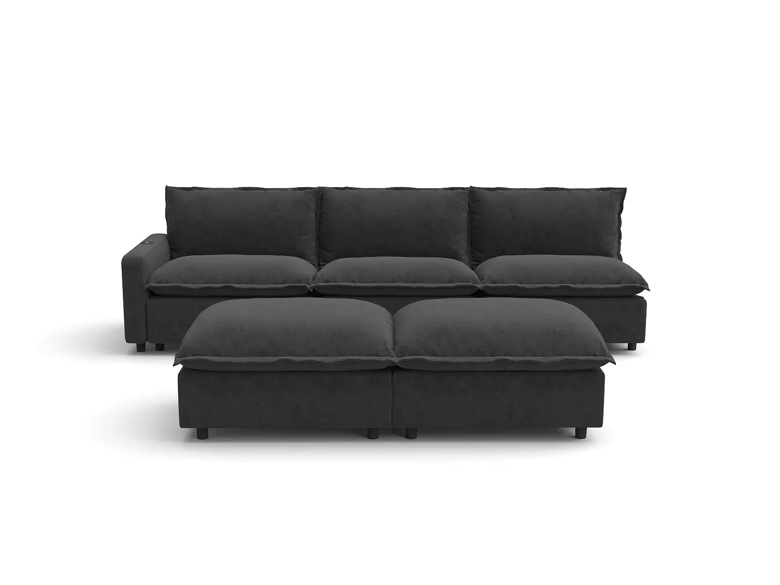 Modular Cero Sofa and Recliner Set | 5-Piece Grey Linen Large Space Sofa Sets 3-Seater with 2-Ottomans