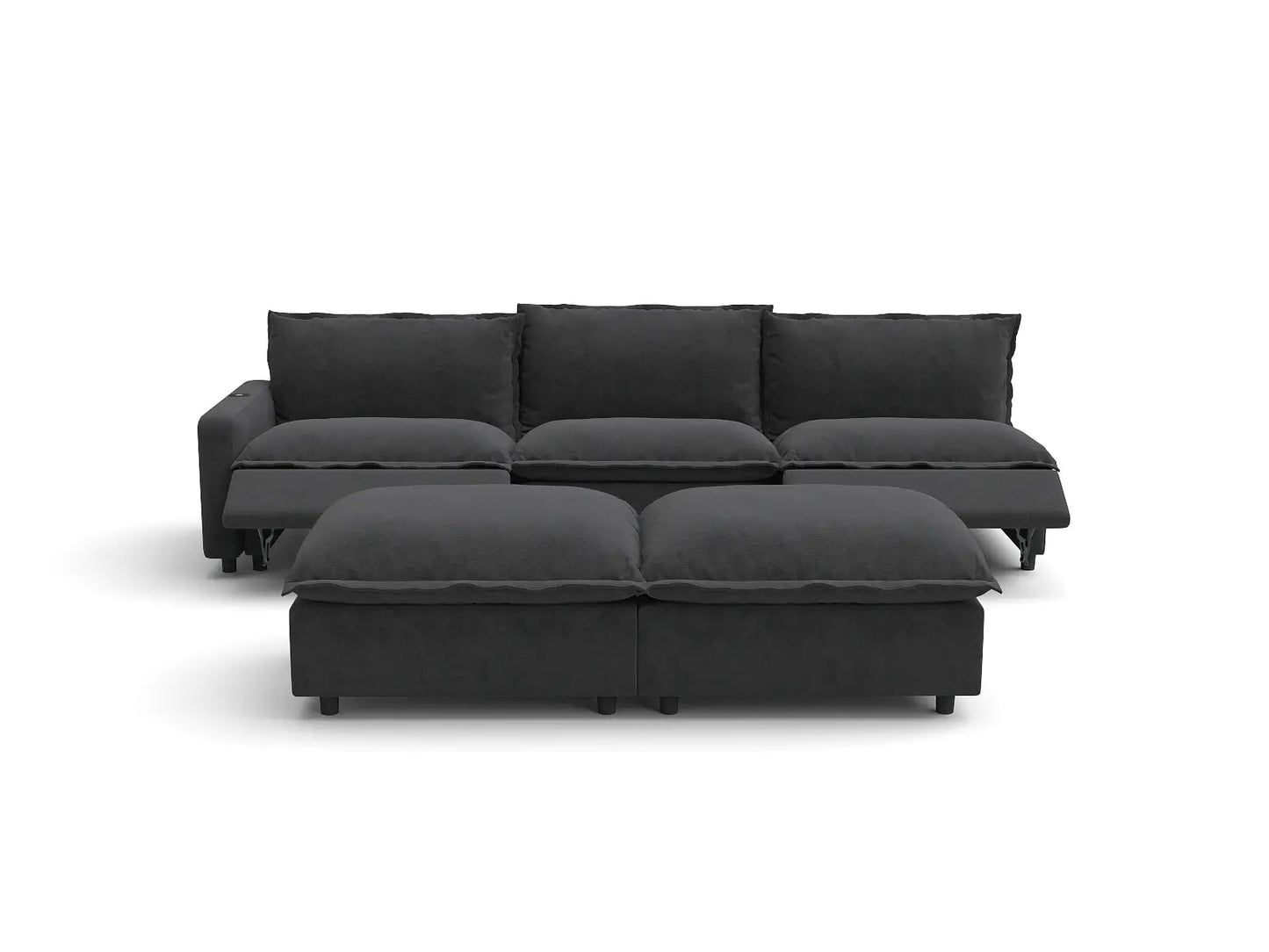 Modular Cero Reclining Sectionals | 5-Piece Grey Linen Large Space Sofa Sets 3-Seater with 2-Ottomans