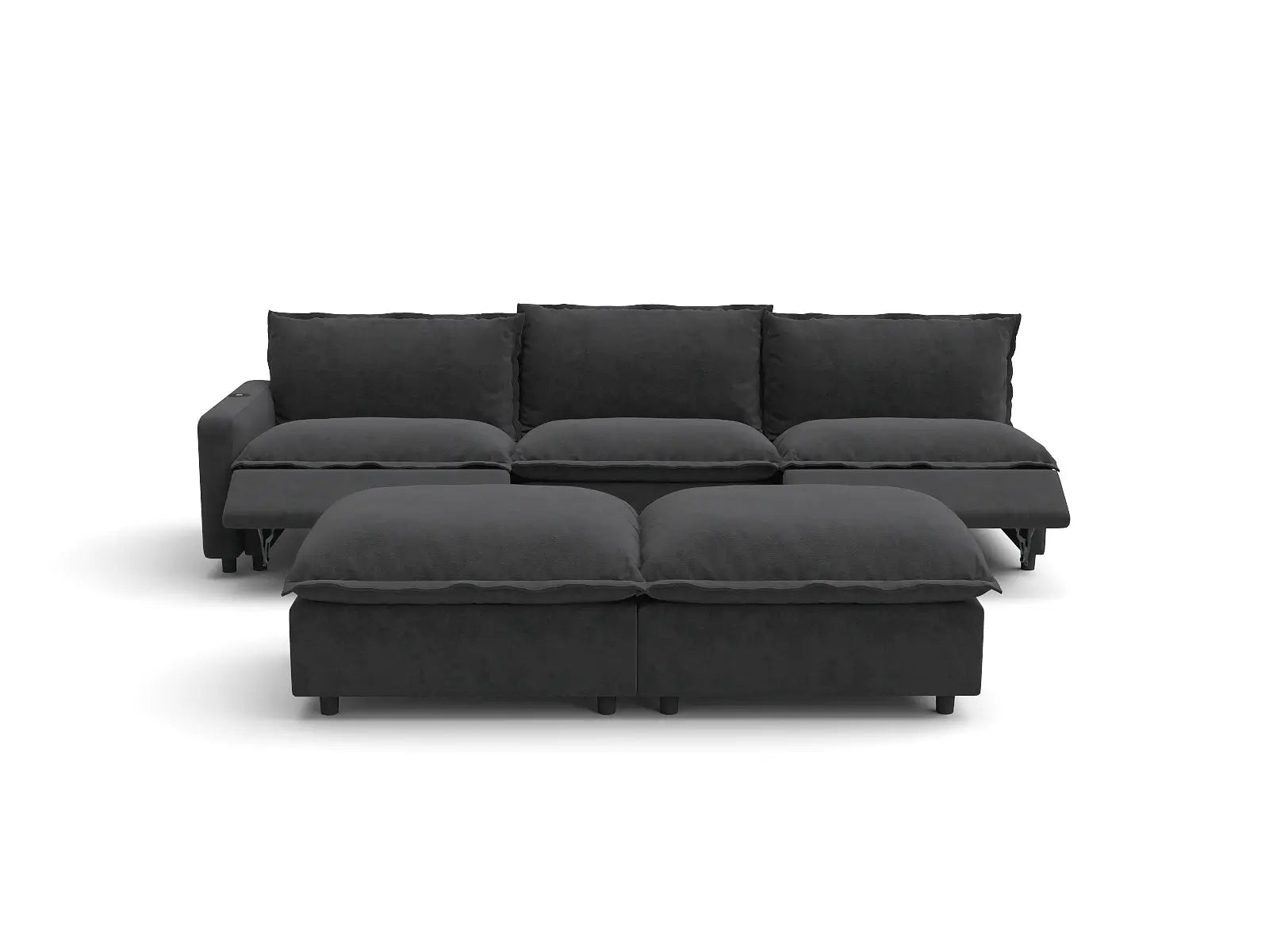 Modular Cero Sofa and Recliner Set | 5-Piece Grey Linen Large Space Sofa Sets 3-Seater with 2-Ottomans
