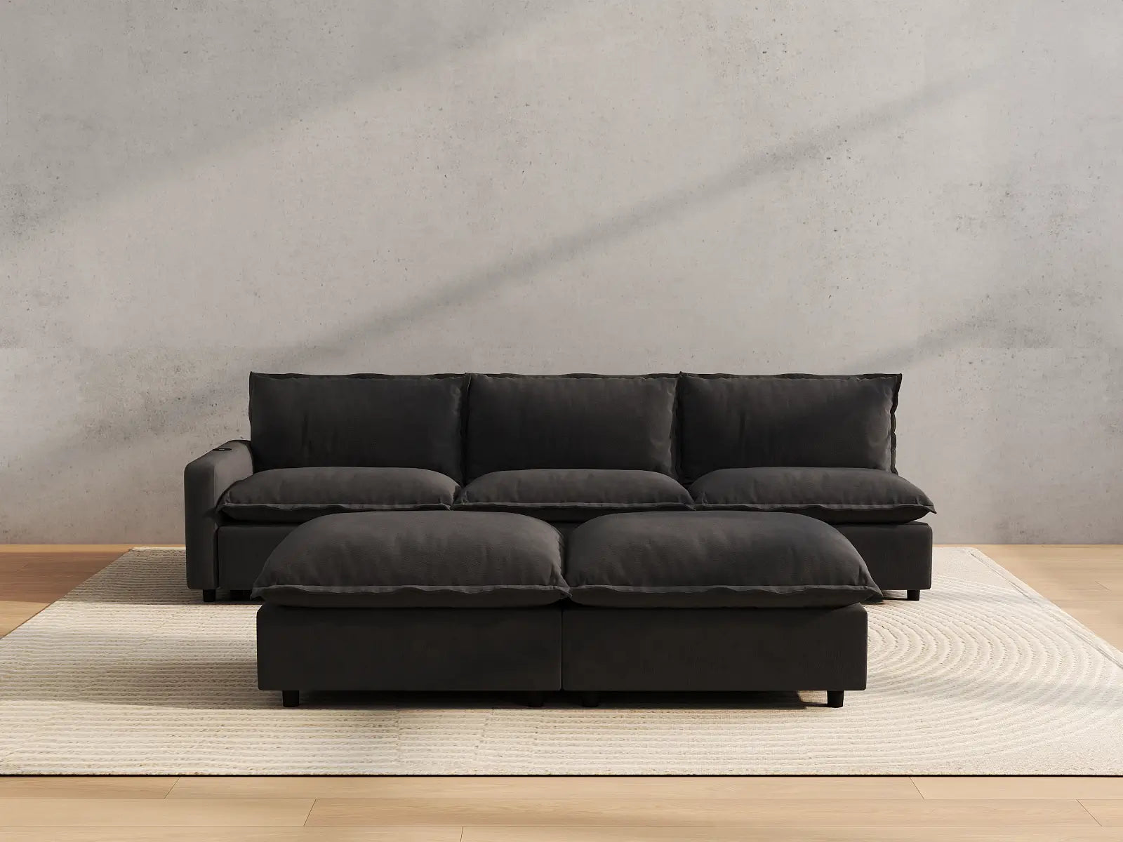Modular Cero Sofa and Recliner Set | 5-Piece Grey Linen Large Space Sofa Sets 3-Seater with 2-Ottomans