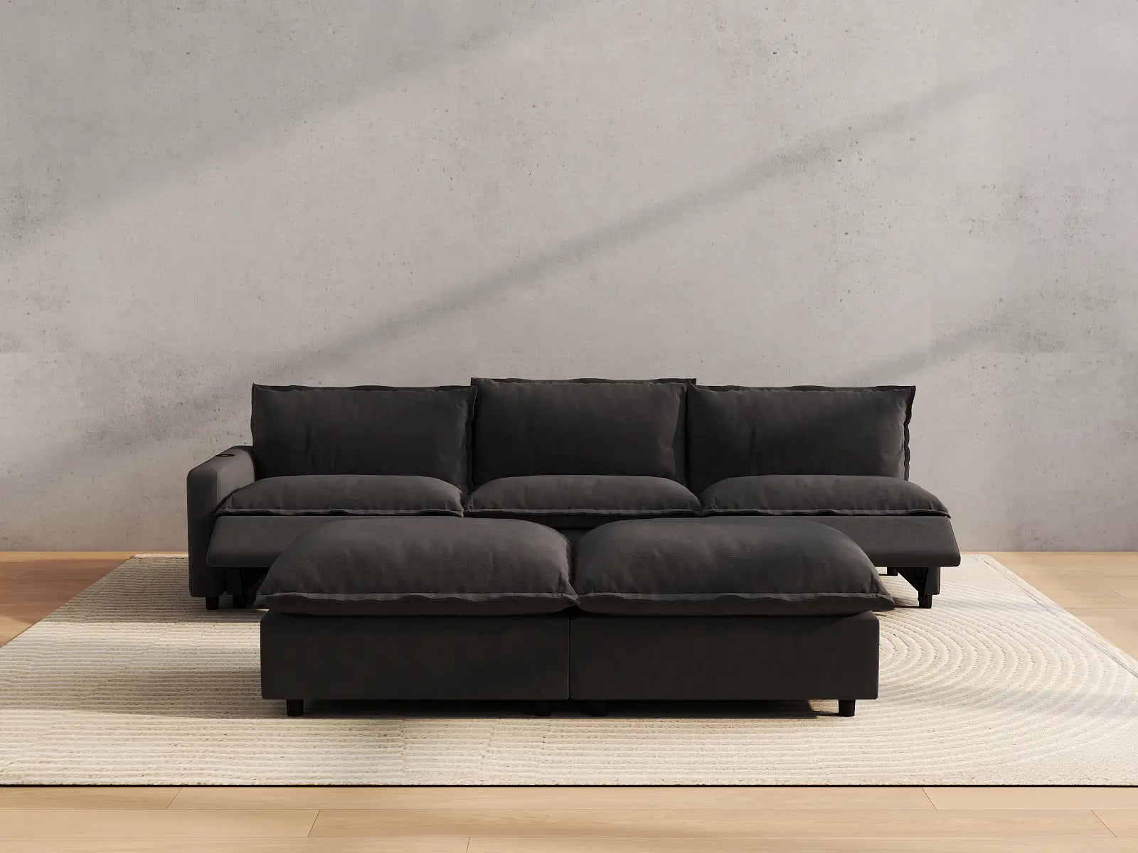 Modular Cero Sofa and Recliner Set | 5-Piece Grey Linen Large Space Sofa Sets 3-Seater with 2-Ottomans