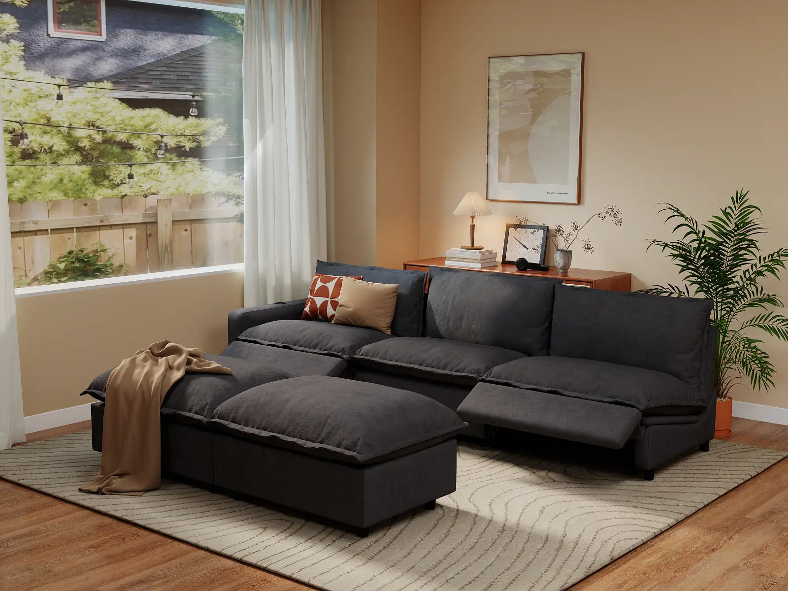 Modular Cero Sofa and Recliner Set | 5-Piece Grey Linen Large Space Sofa Sets 3-Seater with 2-Ottomans