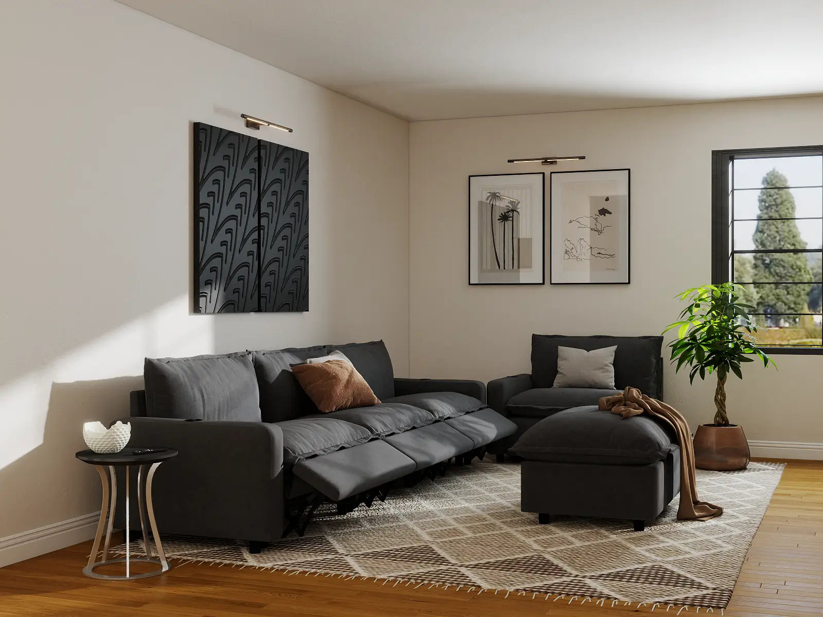 Modular Cero Power Recliner Sofa Set for Living Room | 5-Piece Grey Linen Large Space Sofa Sets 4-Seater with 1-Ottoman