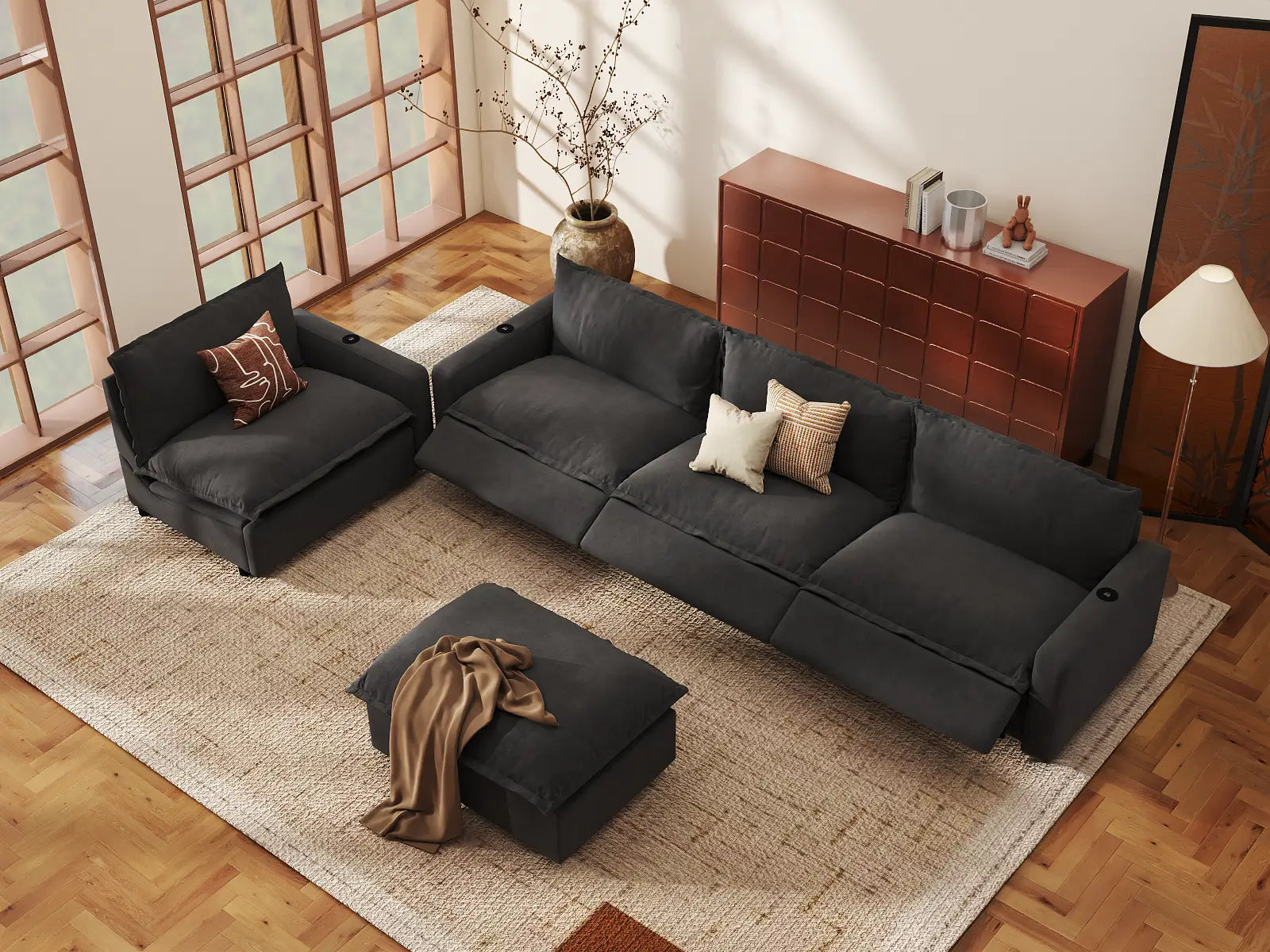 Modular Cero Power Recliner Sofa Set for Living Room | 5-Piece Grey Linen Large Space Sofa Sets 4-Seater with 1-Ottoman