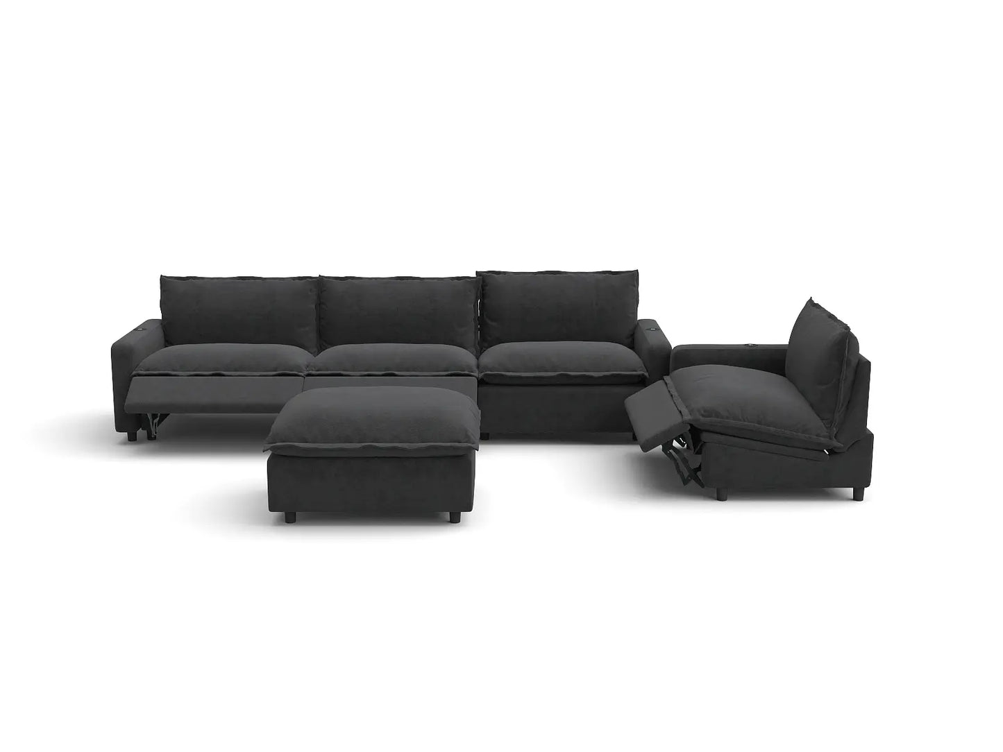 Modular Cero Reclining Sectionals | 5-Piece Grey Linen Large Space Sofa Sets 4-Seater with 1-Ottoman