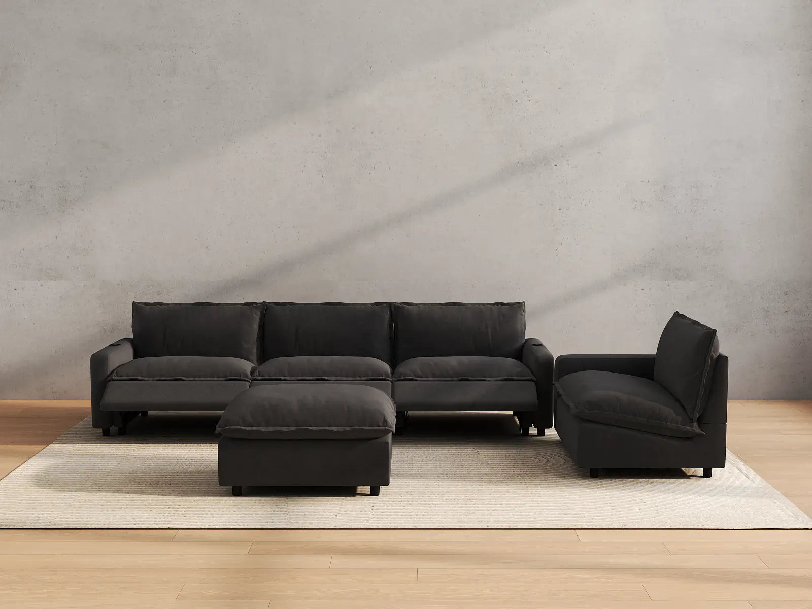Modular Cero Reclining Sofa and Recliner Set | 5-Piece Grey Linen Large Space Sofa Sets 4-Seater with 1-Ottoman