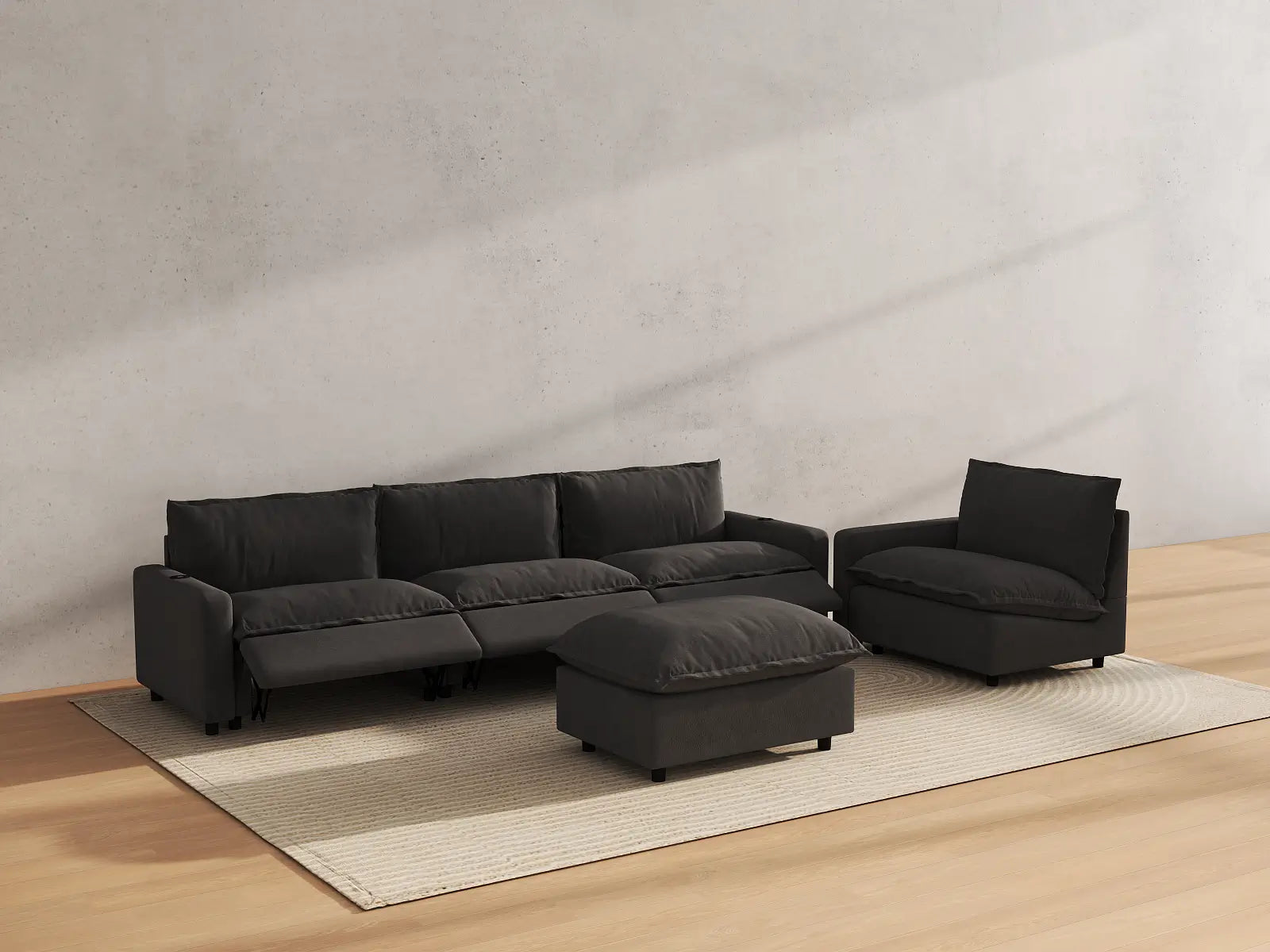 Modular Cero Reclining Sofa and Recliner Set | 5-Piece Grey Linen Large Space Sofa Sets 4-Seater with 1-Ottoman