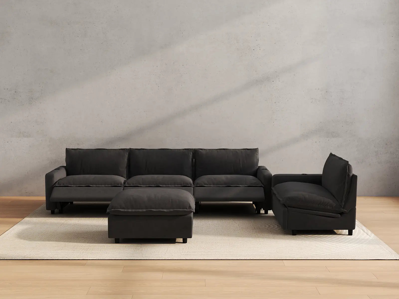 Modular Cero Power Recliner Sofa Set for Living Room | 5-Piece Grey Linen Large Space Sofa Sets 4-Seater with 1-Ottoman