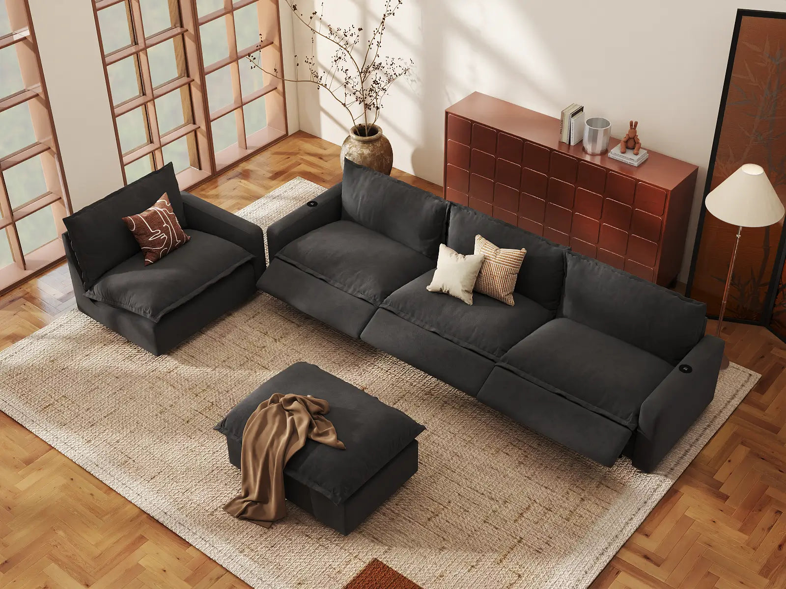 Modular Cero Reclining Sofa and Recliner Set | 5-Piece Grey Linen Large Space Sofa Sets 4-Seater with 1-Ottoman