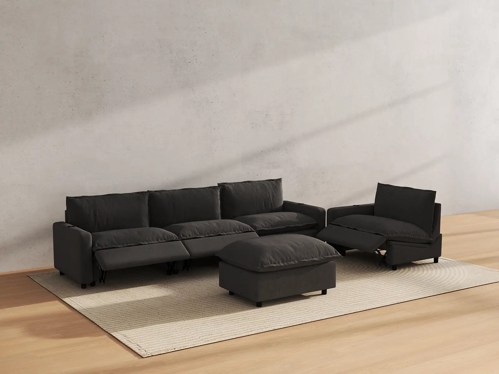 Modular Cero Power Recliner Sofa Set for Living Room | 5-Piece Grey Linen Large Space Sofa Sets 4-Seater with 1-Ottoman