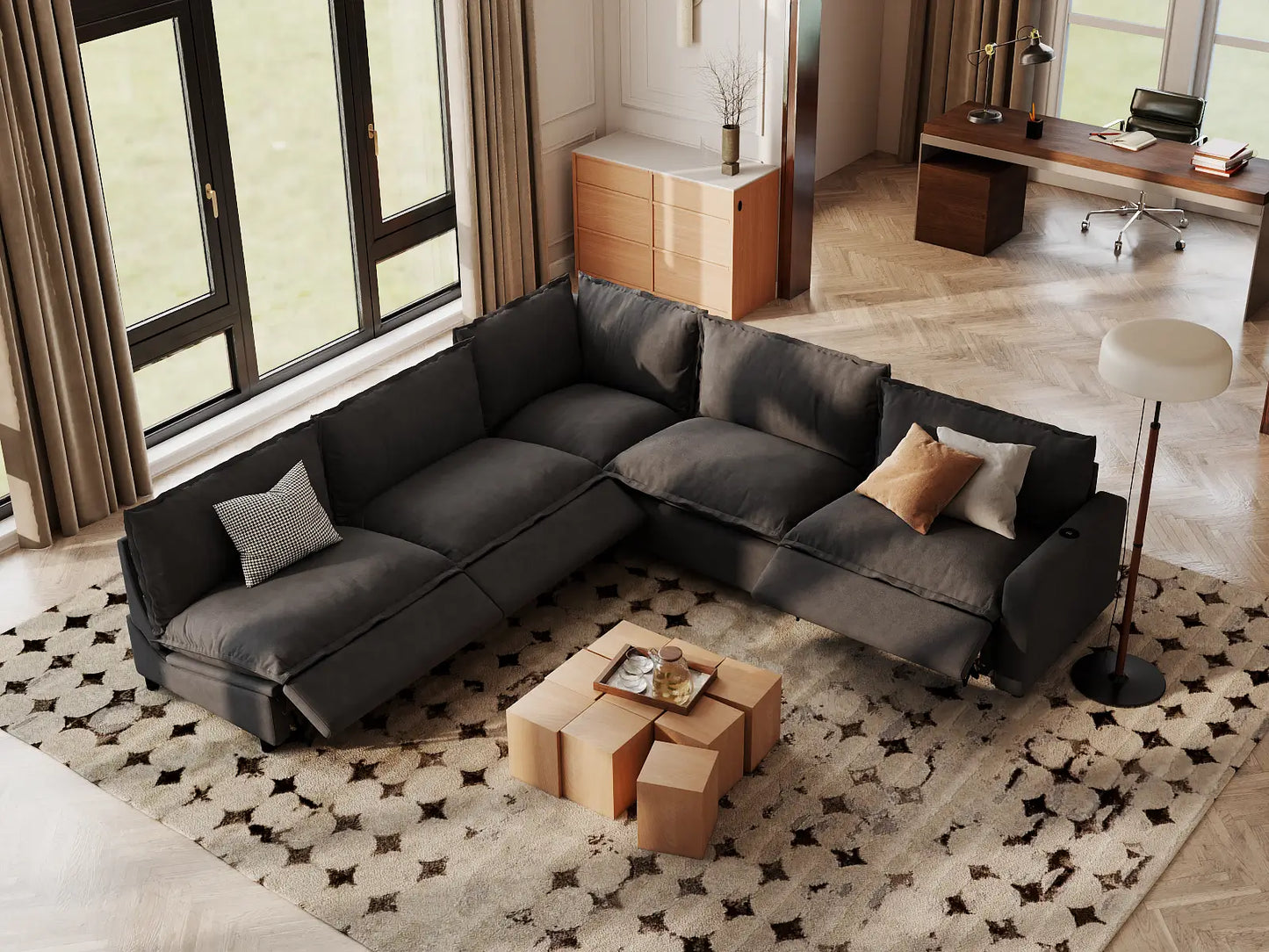 Modular Cero Couch Recliner Sectional | 5-Piece Grey Linen Large Space V-Shaped Sectionals 5-Seater