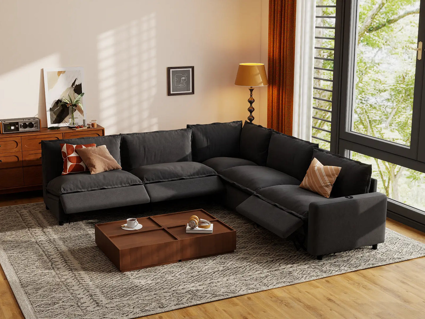 Modular Cero Couch Recliner Sectional | 5-Piece Grey Linen Large Space V-Shaped Sectionals 5-Seater