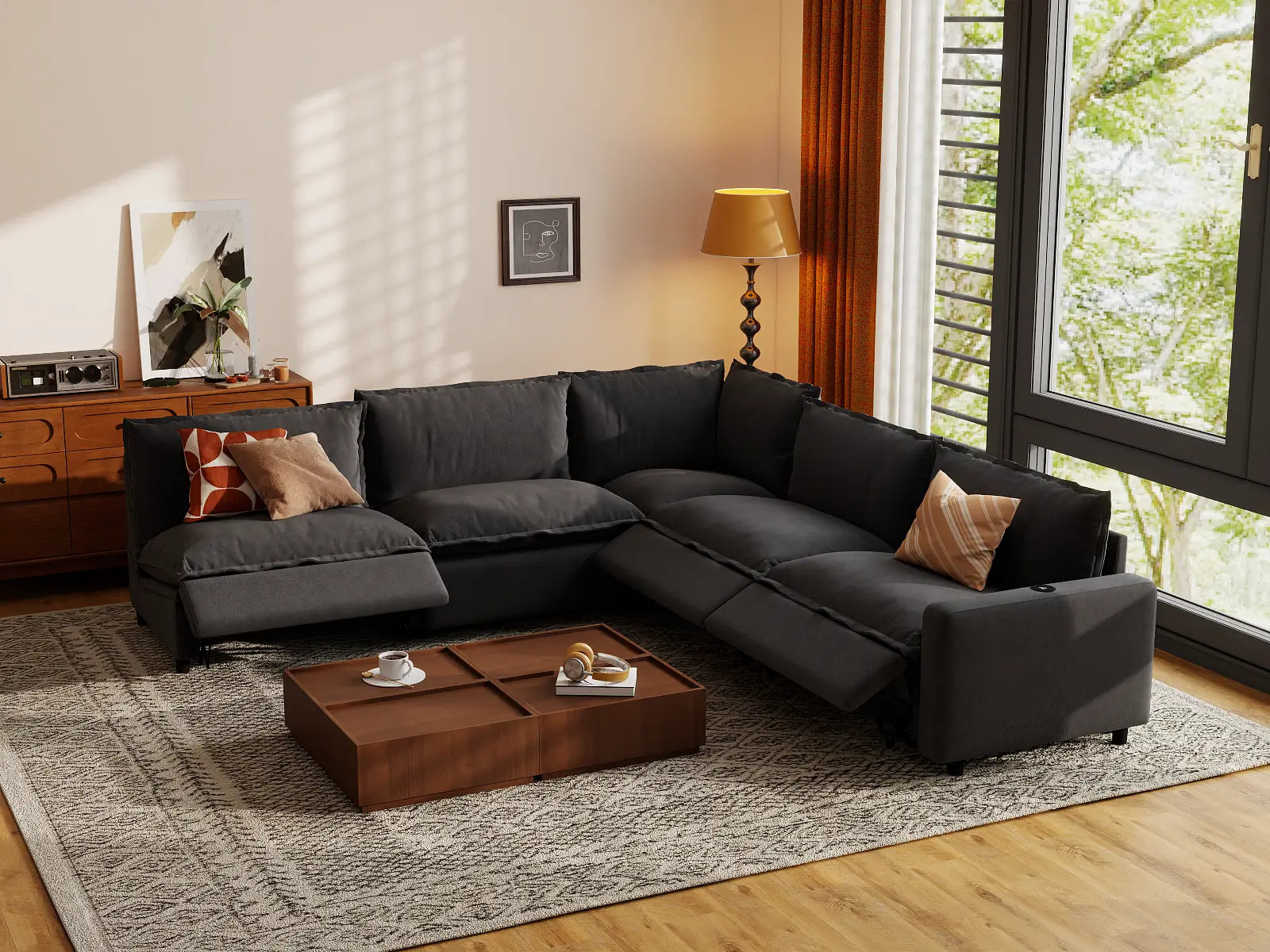 Modular Cero Couch Recliner Sectional | 5-Piece Grey Linen Large Space V-Shaped Sectionals 5-Seater